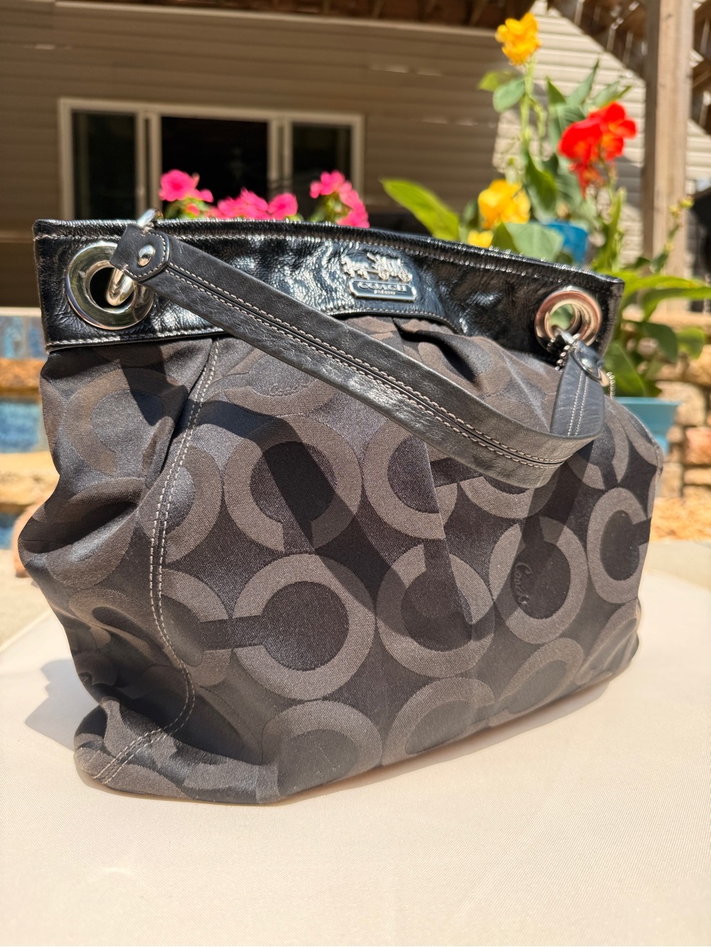 Coach Black Signature Jacquard Shoulder Bag with Pink Interior